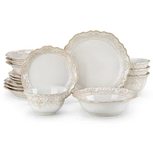 16/32 Piece Plates Dinner Sets Relief White Stoneware