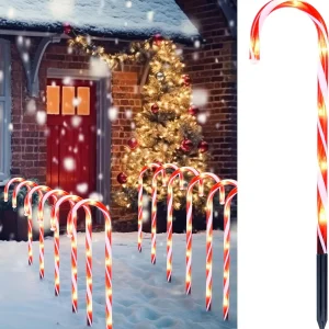 JOYFY 16" Christmas Candy Cane Pathway Markers Lights Set of 12 with Warm White for Xmas Indoor and Outdoor Decorations