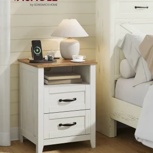 Farmhouse Nightstands with Charging Station, Set of 2 Bedside Tables