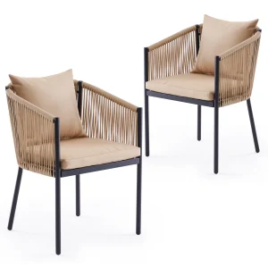 Patio dining chair, Rattan wicker chair set with cushion
